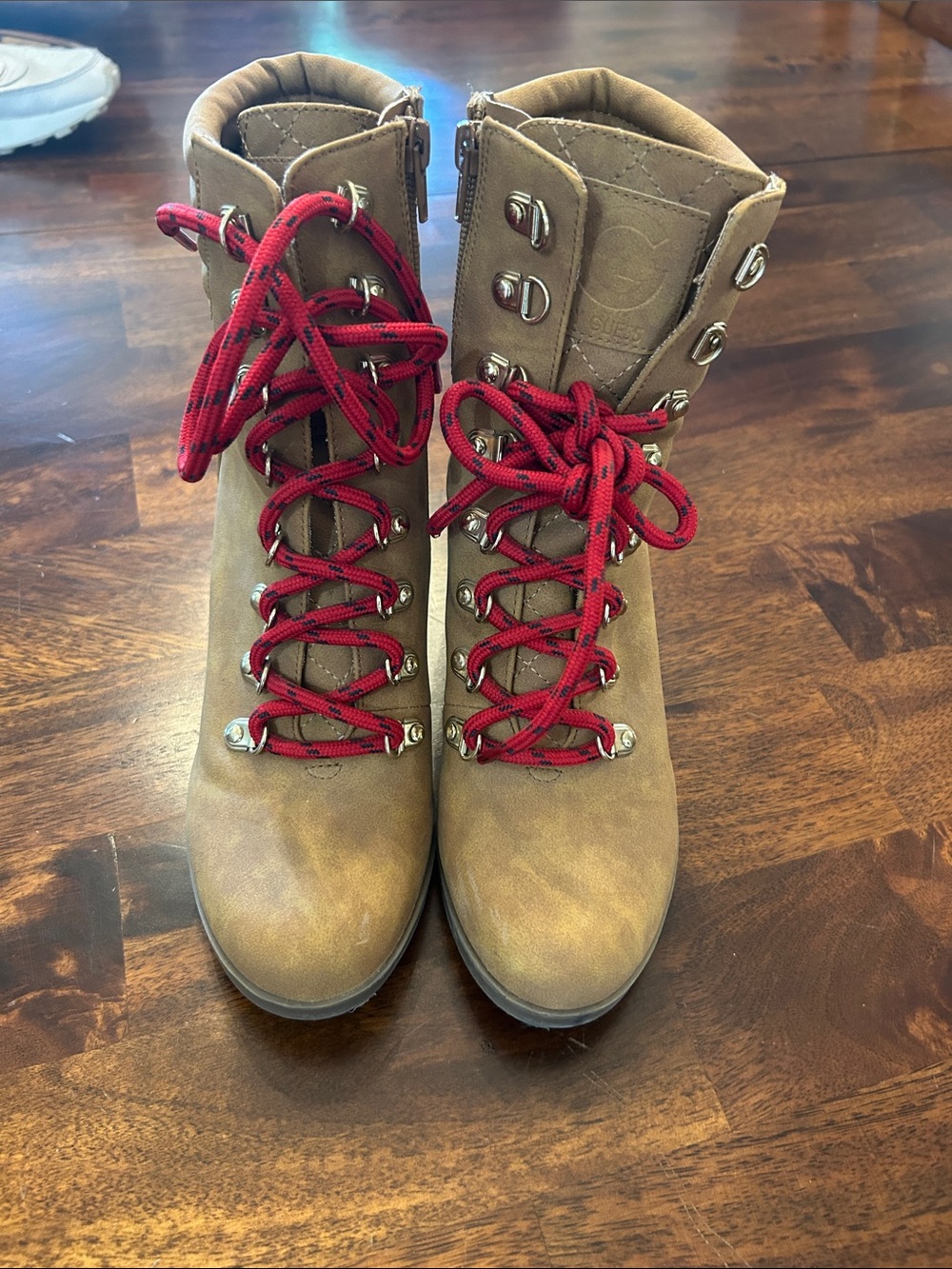 G by Guess Tan Lace-Up Boots with Red Laces
